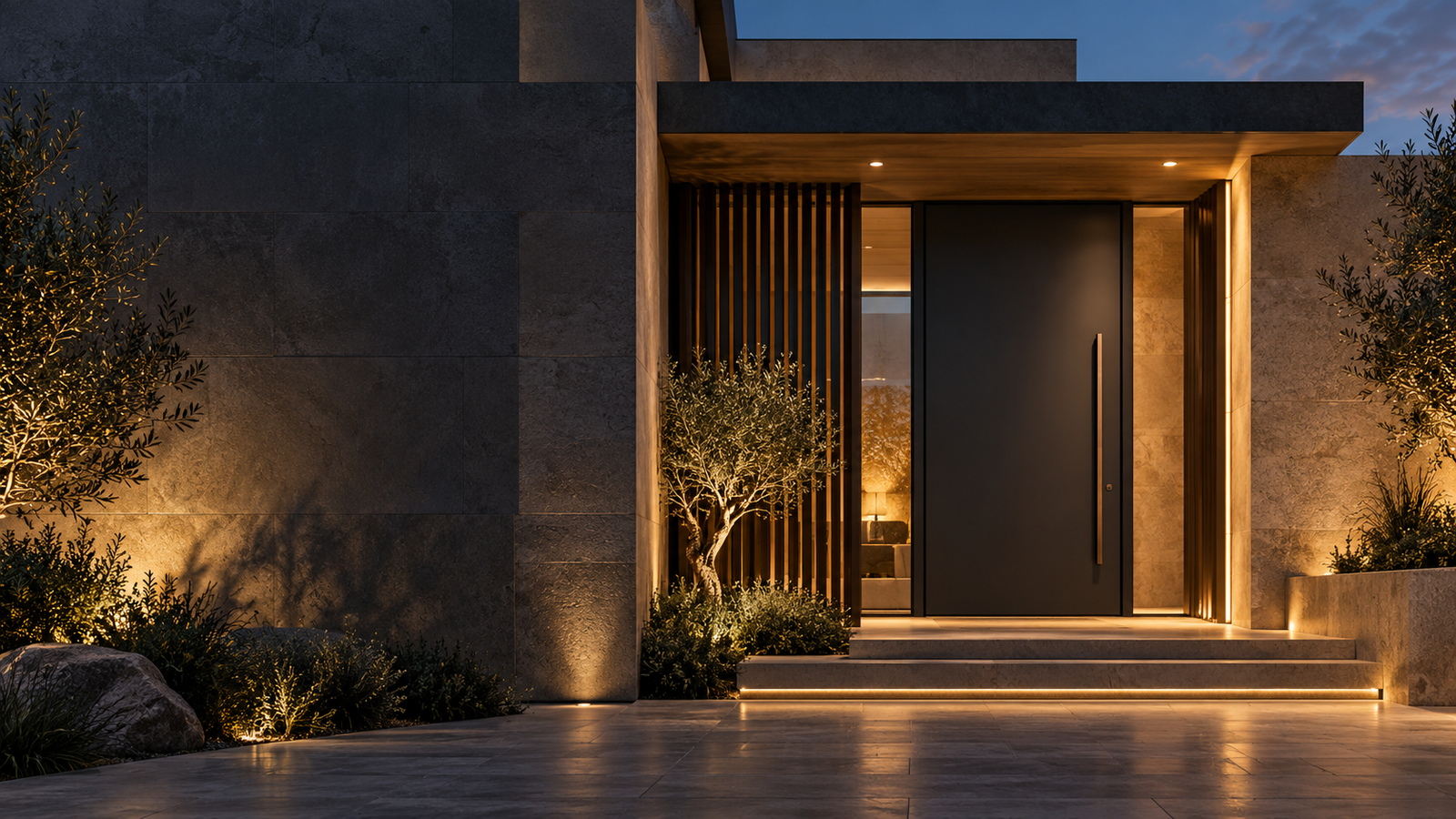 Sıcak mimari aydınlatmalı modern villa girişi — yapay zekâ ile üretilmiş mimari konsept